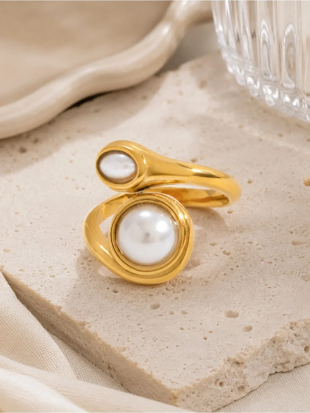 Gold-Tone Double Pearl Open Ring